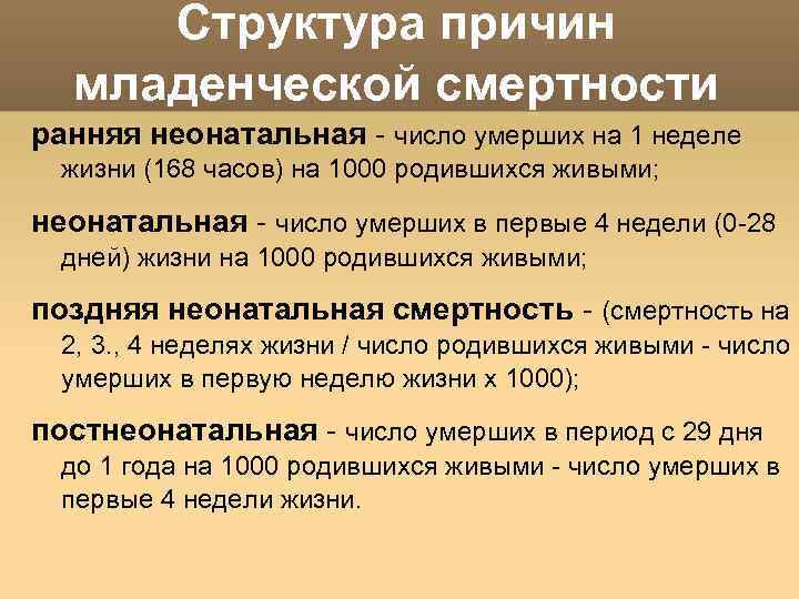 Структура причин младенческой смертности ранняя неонатальная - число умерших на 1 неделе жизни (168