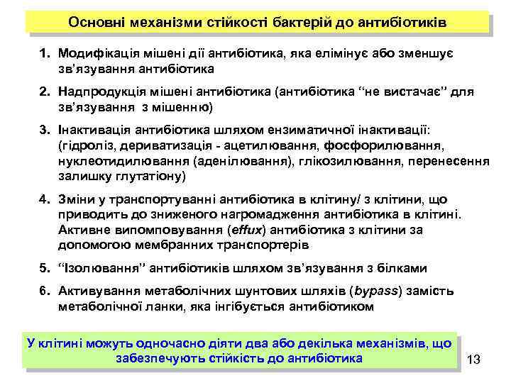 Основні механізми стійкості бактерій до антибіотиків 1. Модифікація мішені дії антибіотика, яка елімінує або