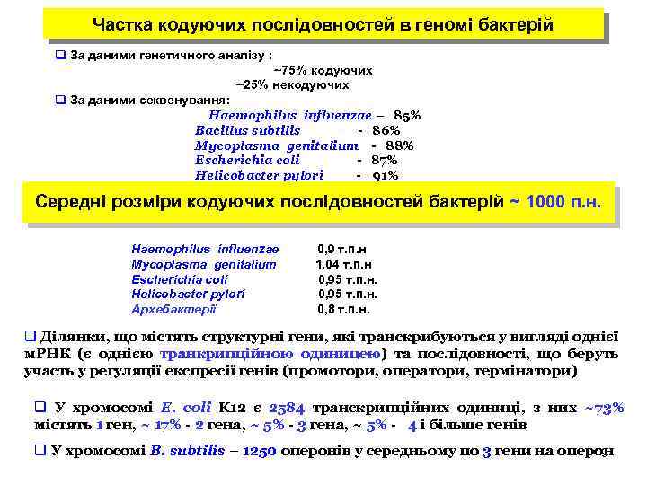 Частка кодуючих послідовностей в геномі бактерій q За даними генетичного аналізу : ~75% кодуючих