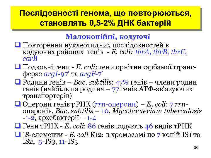 Послідовності генома, що повторюються, становлять 0, 5 -2% ДНК бактерій Малокопійні, кодуючі q Повторення