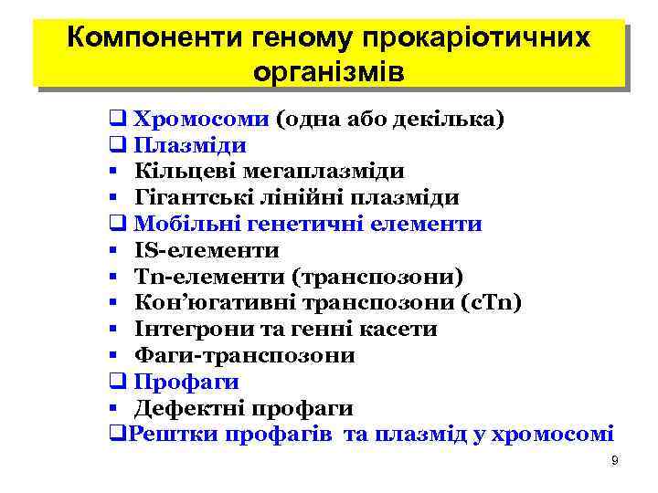 Компоненти геному прокаріотичних організмів q Хромосоми (одна або декілька) q Плазміди § Кільцеві мегаплазміди