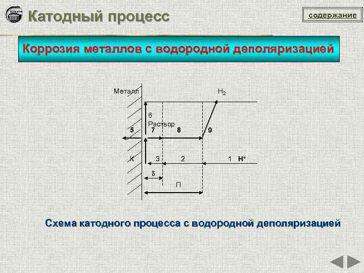 Катодный процесс содержание Коррозия металлов с водородной деполяризацией Металл Н 2 6 Раствор 5