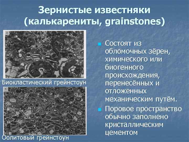 Зернистые известняки (калькарениты, grainstones) n Биокластический грейнстоун n Оолитовый грейнстоун Состоят из обломочных зёрен,