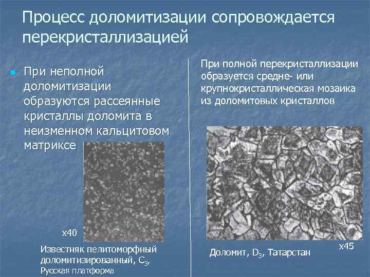 Процесс доломитизации сопровождается перекристаллизацией n При неполной доломитизации образуются рассеянные кристаллы доломита в неизменном