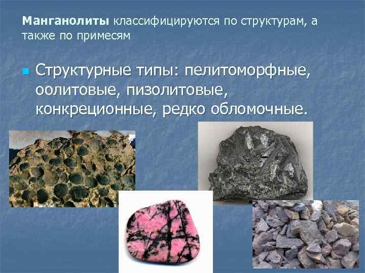 Манганолиты классифицируются по структурам, а также по примесям n Структурные типы: пелитоморфные, оолитовые, пизолитовые,