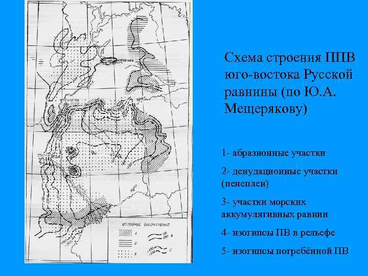 Схема строения ППВ юго-востока Русской равнины (по Ю. А. Мещерякову) 1 - абразионные участки