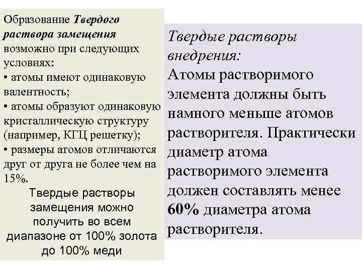 Образование Твердого раствора замещения возможно при следующих условиях: • атомы имеют одинаковую валентность; •