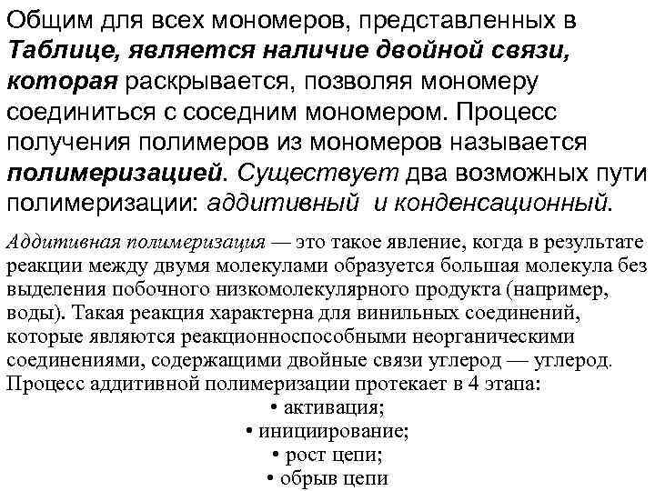 Общим для всех мономеров, представленных в Таблице, является наличие двойной связи, которая раскрывается, позволяя