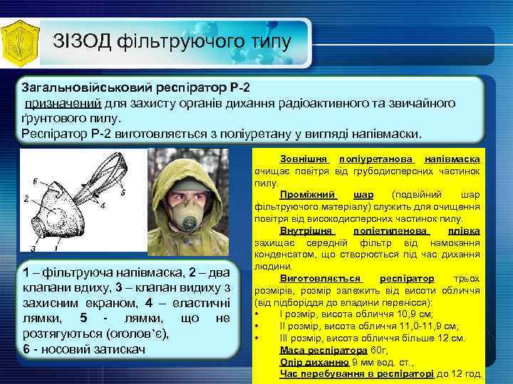 ЗІЗОД фільтруючого типу Загальновійськовий респіратор Р-2 призначений для захисту органів дихання радіоактивного та звичайного