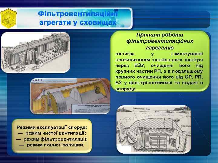 Фільтровентиляційні агрегати у сховищах Принцип роботи фільтровентиляційних агрегатів полягає у всмоктуванні вентилятором зовнішнього повітря