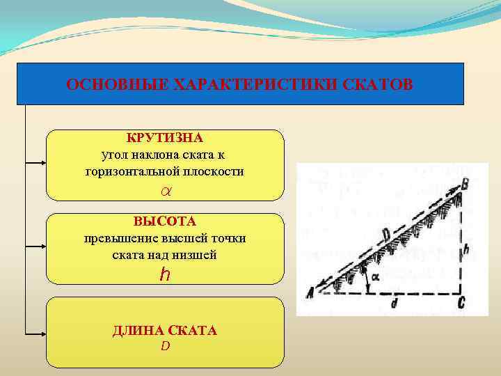 ОСНОВНЫЕ ХАРАКТЕРИСТИКИ СКАТОВ КРУТИЗНА угол наклона ската к горизонтальной плоскости α ВЫСОТА превышение высшей