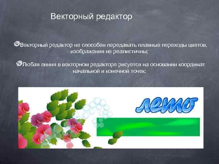 Векторный редактор не способен передавать плавные переходы цветов, изображения не реалистичны; Любая линия в