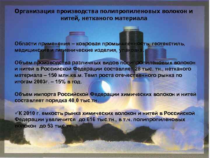 Организация производства полипропиленовых волокон и нитей, нетканого материала Области применения – ковровая промышленность, геотекстиль,