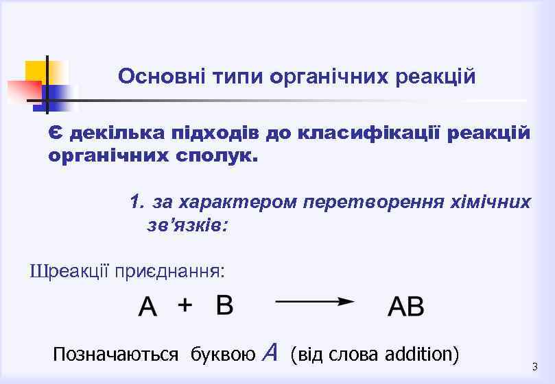Основні типи органічних реакцій Є декілька підходів до класифікації реакцій органічних сполук. 1. за