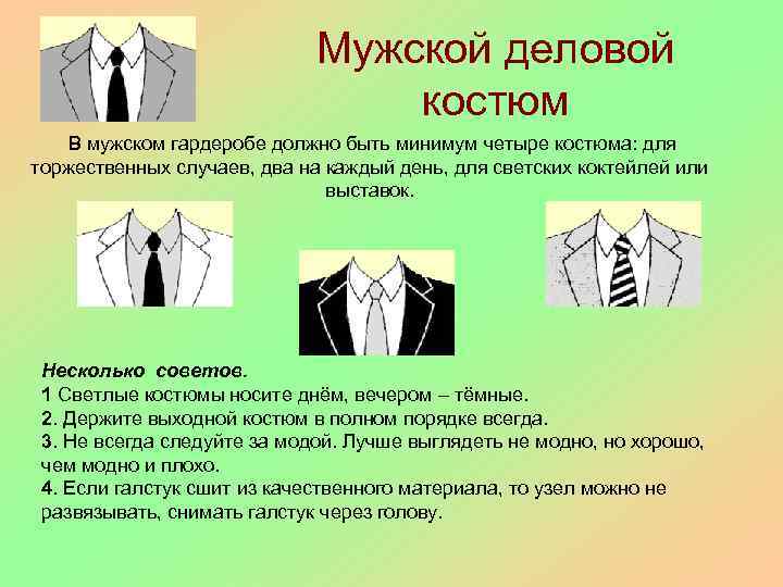 Мужской деловой костюм В мужском гардеробе должно быть минимум четыре костюма: для торжественных случаев,