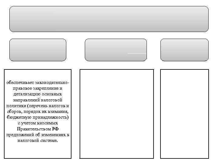 обеспечивает законодательноправовое закрепление и детализацию основных направлений налоговой политики (перечень налогов и сборов, порядок