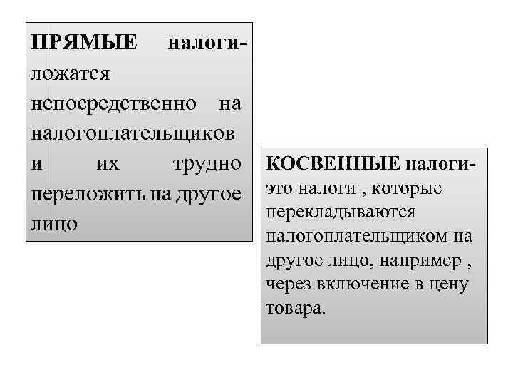 ПРЯМЫЕ налогиложатся непосредственно на налогоплательщиков и их трудно КОСВЕННЫЕ налогипереложить на другое это налоги