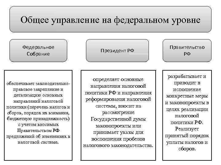 Общее управление на федеральном уровне Федеральное Собрание Президент РФ Правительство РФ обеспечивает законодательноправовое закрепление