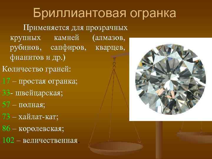 Бриллиантовая огранка Применяется для прозрачных крупных камней (алмазов, рубинов, сапфиров, кварцев, фианитов и др.