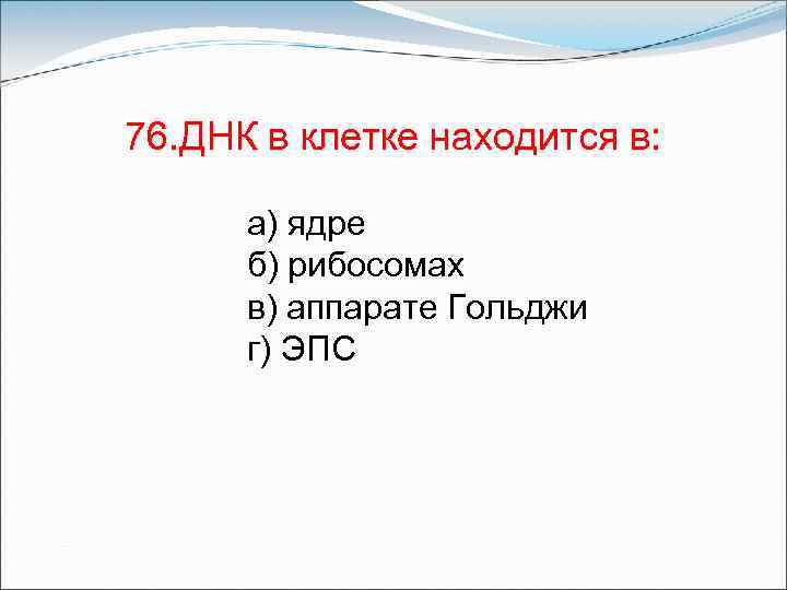 76. ДНК в клетке находится в: а) ядре б) рибосомах в) аппарате Гольджи г)