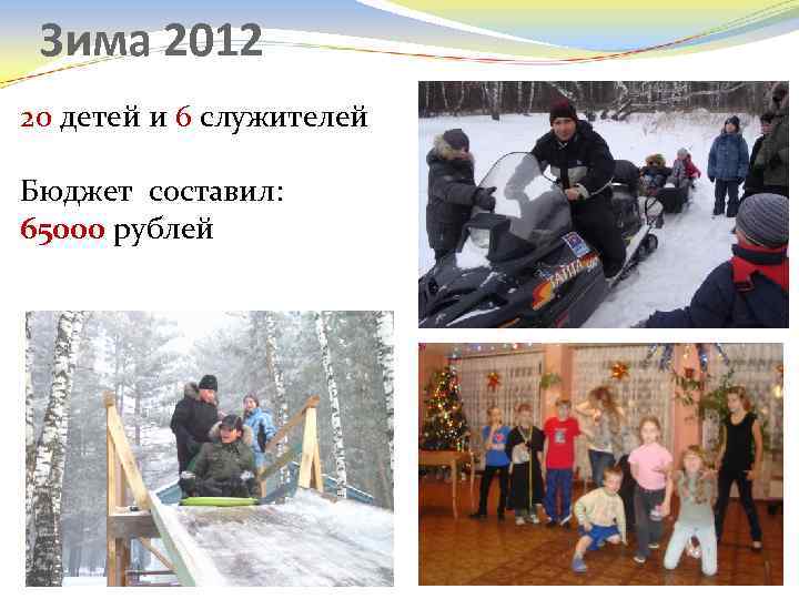 Зима 2012 20 детей и 6 служителей Бюджет составил: 65000 рублей 