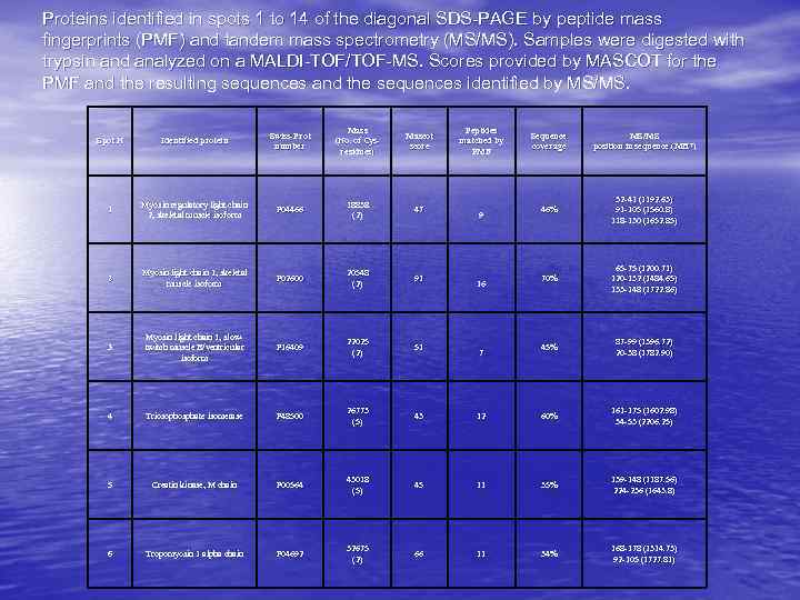 Proteins identified in spots 1 to 14 of the diagonal SDS-PAGE by peptide mass