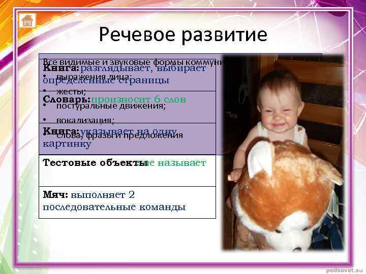 Речевое развитие Все видимые и звуковые формы коммуникации: Книга: разглядывает, выбирает • выражения лица;