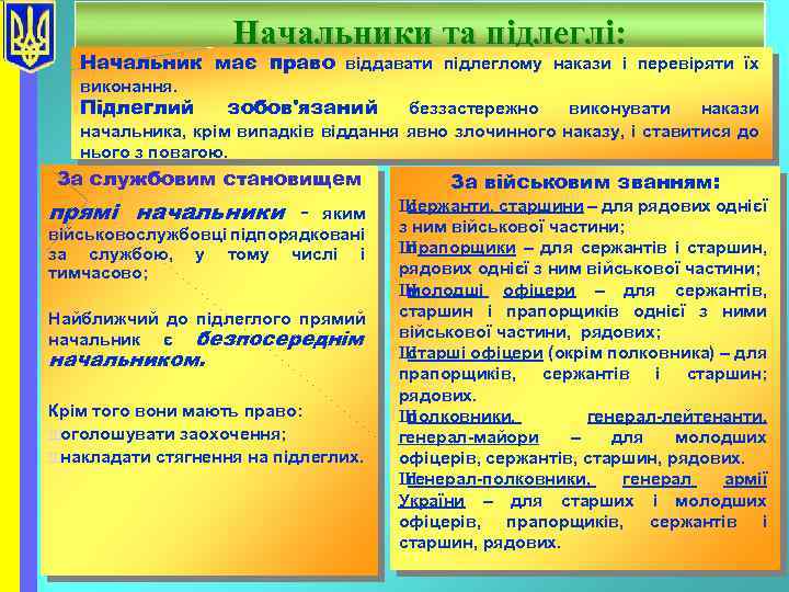 Начальники та підлеглі: Начальник має право віддавати підлеглому накази і перевіряти їх виконання. Підлеглий