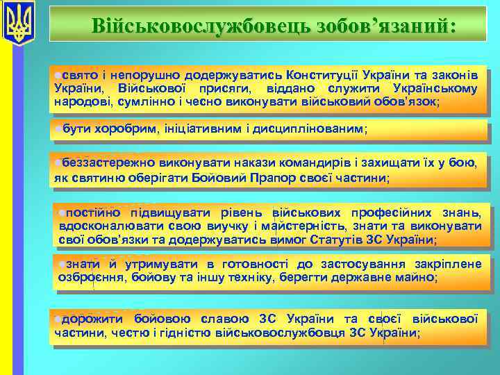 Військовослужбовець зобов’язаний: lсвято і непорушно додержуватись Конституції України та законів України, Військової присяги, віддано