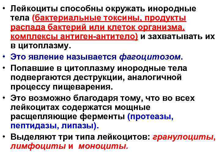  • Лейкоциты способны окружать инородные тела (бактериальные токсины, продукты распада бактерий или клеток