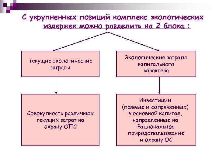 С укрупненных позиций комплекс экологических издержек можно разделить на 2 блока : Текущие экологические