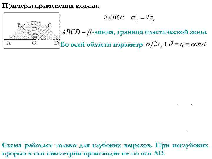 Примеры применения модели. -линия, граница пластической зоны. Во всей области параметр Схема работает только