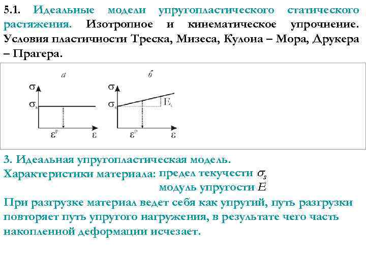 5. 1. Идеальные модели упругопластического статического растяжения. Изотропное и кинематическое упрочнение. Условия пластичности Треска,