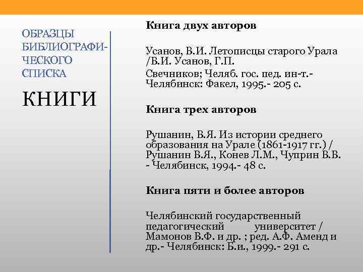 ОБРАЗЦЫ БИБЛИОГРАФИ ЧЕСКОГО СПИСКА КНИГИ Книга двух авторов Усанов, В. И. Летописцы старого Урала