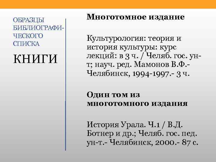 ОБРАЗЦЫ БИБЛИОГРАФИ ЧЕСКОГО СПИСКА КНИГИ Многотомное издание Культурология: теория и история культуры: курс лекций: