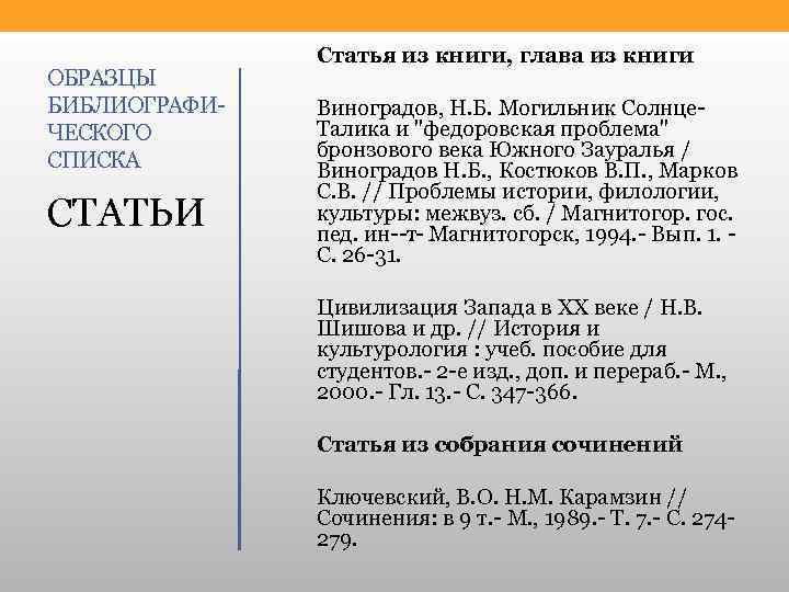 ОБРАЗЦЫ БИБЛИОГРАФИ ЧЕСКОГО СПИСКА СТАТЬИ Статья из книги, глава из книги Виноградов, Н. Б.