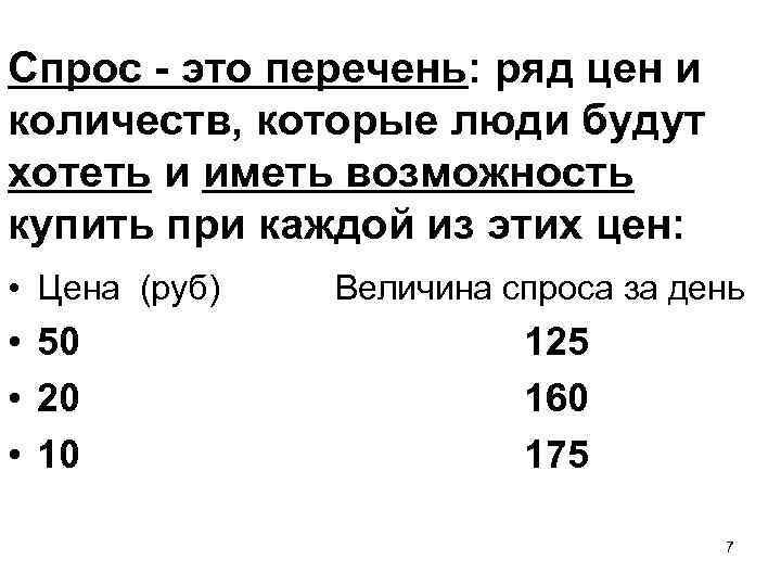 Спрос - это перечень: ряд цен и количеств, которые люди будут хотеть и иметь