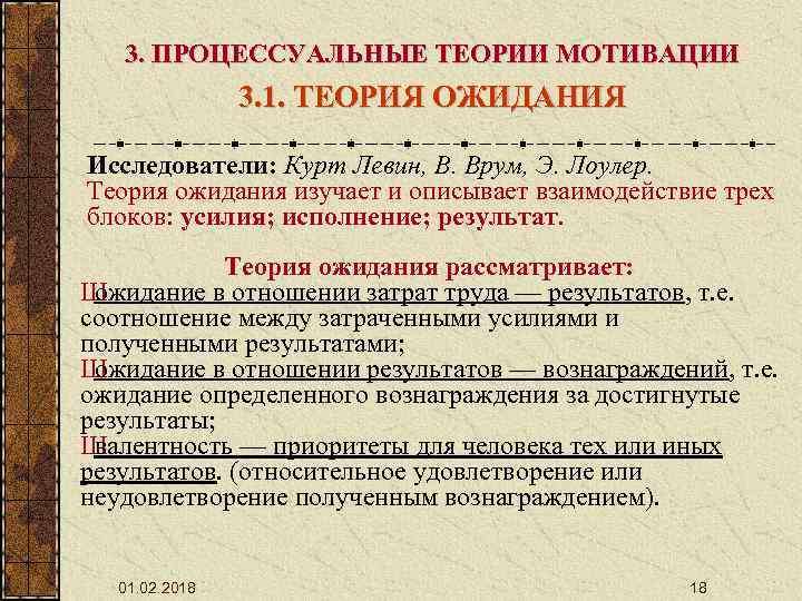 3. ПРОЦЕССУАЛЬНЫЕ ТЕОРИИ МОТИВАЦИИ 3. 1. ТЕОРИЯ ОЖИДАНИЯ Исследователи: Курт Левин, В. Врум, Э.