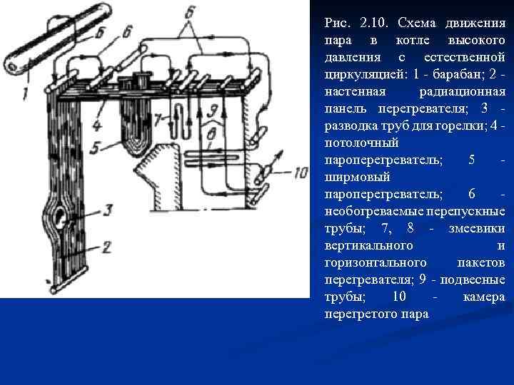 Рис. 2. 10. Схема движения пара в котле высокого давления с естественной циркуляцией: 1