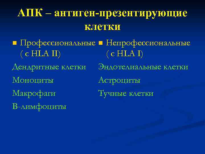 АПК – антиген-презентирующие клетки Профессиональные n Непрофессиональные ( с HLA II) ( с HLA