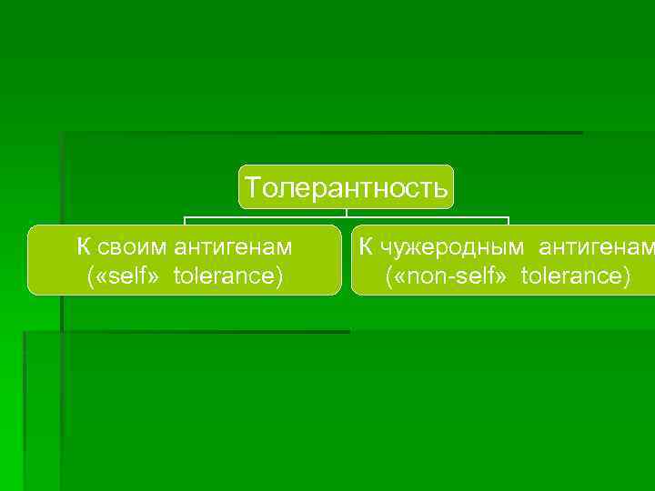 Толерантность К своим антигенам ( «self» tolerance) К чужеродным антигенам ( «non-self» tolerance) 