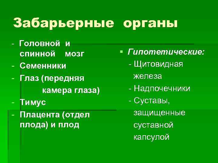 Забарьерные органы - Головной и спинной мозг - Семенники - Глаз (передняя камера глаза)