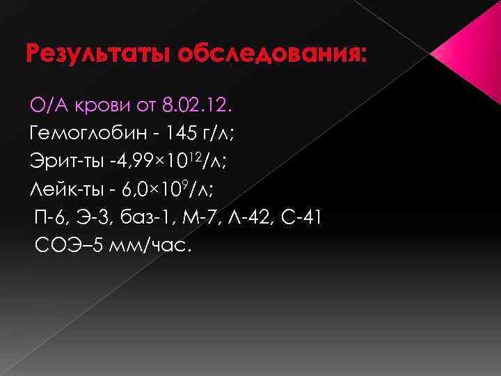 Результаты обследования: О/А крови от 8. 02. 12. Гемоглобин - 145 г/л; Эрит-ты -4,