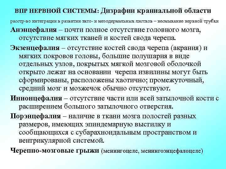 ВПР НЕРВНОЙ СИСТЕМЫ: Дизрафии краниальной области расстр-во интеграции в развитии экто- и мезодермальных листков