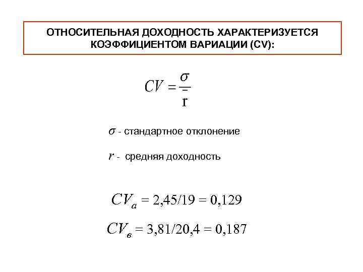 ОТНОСИТЕЛЬНАЯ ДОХОДНОСТЬ ХАРАКТЕРИЗУЕТСЯ КОЭФФИЦИЕНТОМ ВАРИАЦИИ (CV): σ - стандартное отклонение r- средняя доходность CVa