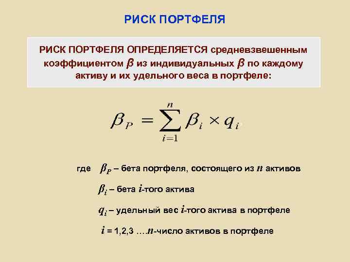 РИСК ПОРТФЕЛЯ ОПРЕДЕЛЯЕТСЯ средневзвешенным коэффициентом β из индивидуальных β по каждому активу и их