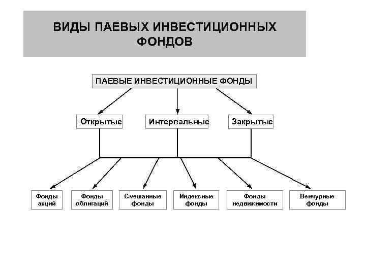 ВИДЫ ПАЕВЫХ ИНВЕСТИЦИОННЫХ ФОНДОВ ПАЕВЫЕ ИНВЕСТИЦИОННЫЕ ФОНДЫ Открытые Фонды акций Фонды облигаций Интервальные Смешанные