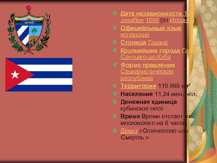 Дата независимости 10 декабря 1898 (от Испании) Официальный язык испанский Столица Гавана Крупнейшие города