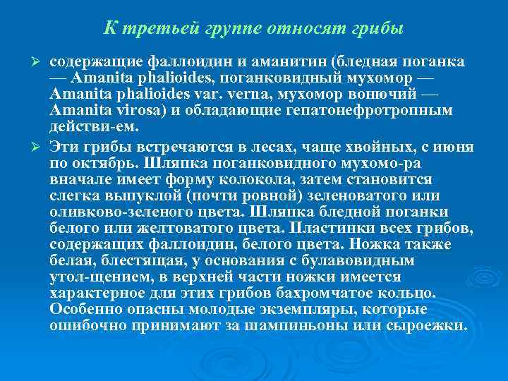 К третьей группе относят грибы содержащие фаллоидин и аманитин (бледная поганка — Amanita phalioides,