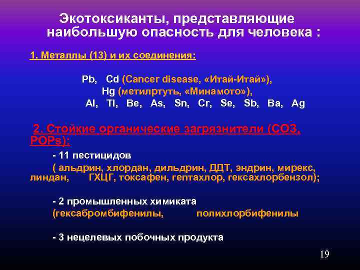 Экотоксиканты, представляющие наибольшую опасность для человека : 1. Металлы (13) и их соединения: Pb,